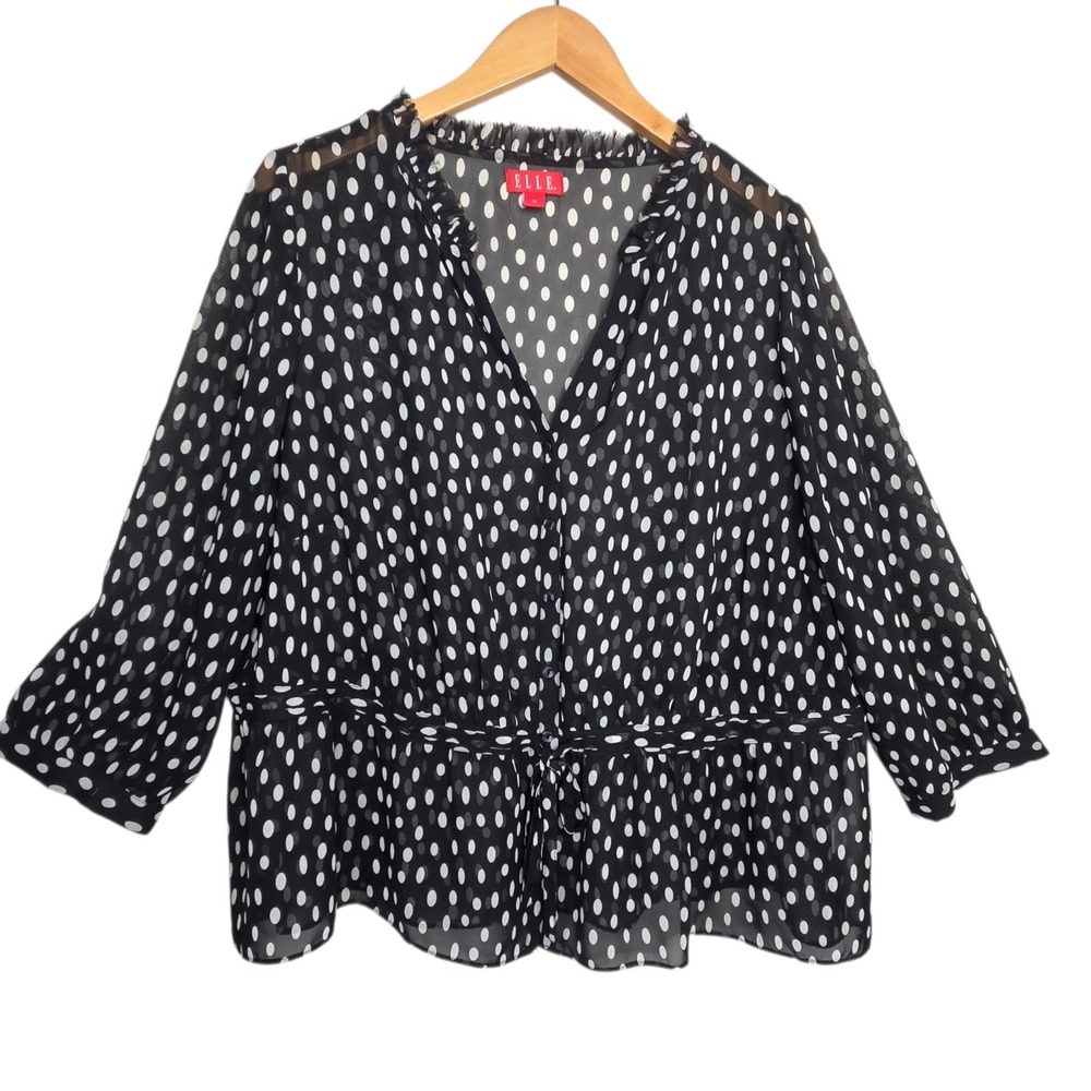 Elle Black White Polka Dot Blouse SZ 1X Sheer Peplum Tie Waist Sheer Flowy